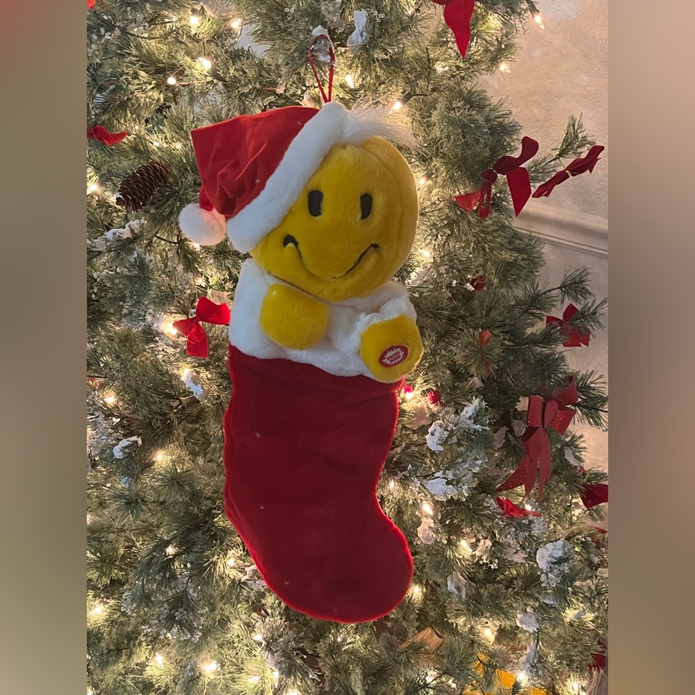 Vintage Laughing‎ Christmas Stocking Smile Happy Face Santa Yellow 24” Plush Vtg